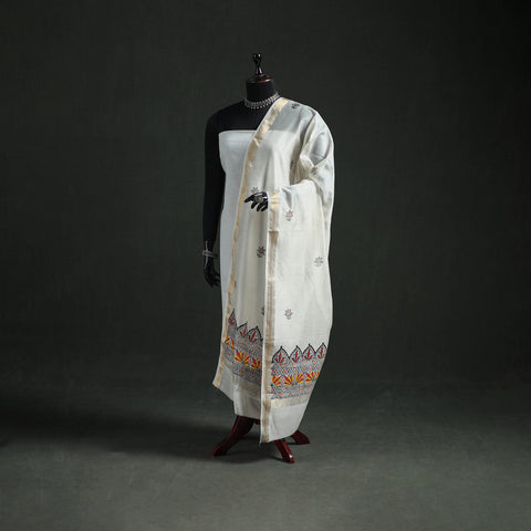 White - Handloom Chanderi Silk Handpainted Madhubani Dupatta with Zari Border 15