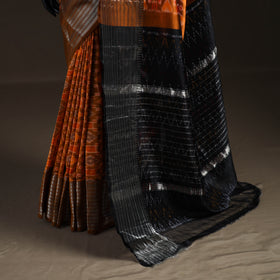 Orange - Traditional Pochampally Ikat Handwoven Pure Silk Pattu Saree with Rudraksha Border 07