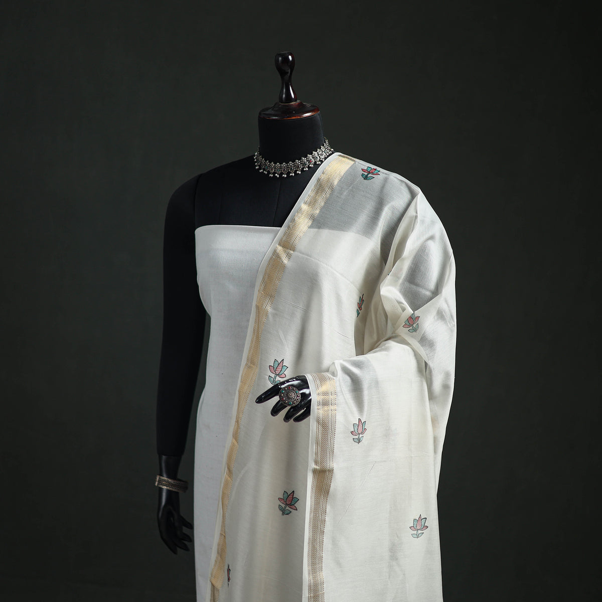 Handloom Chanderi Silk Handpainted Madhubani Dupatta with Zari Border 15