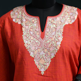 Red - Kashmiri Aari Hand Embroidered Cotton Kaftan (Long) 50