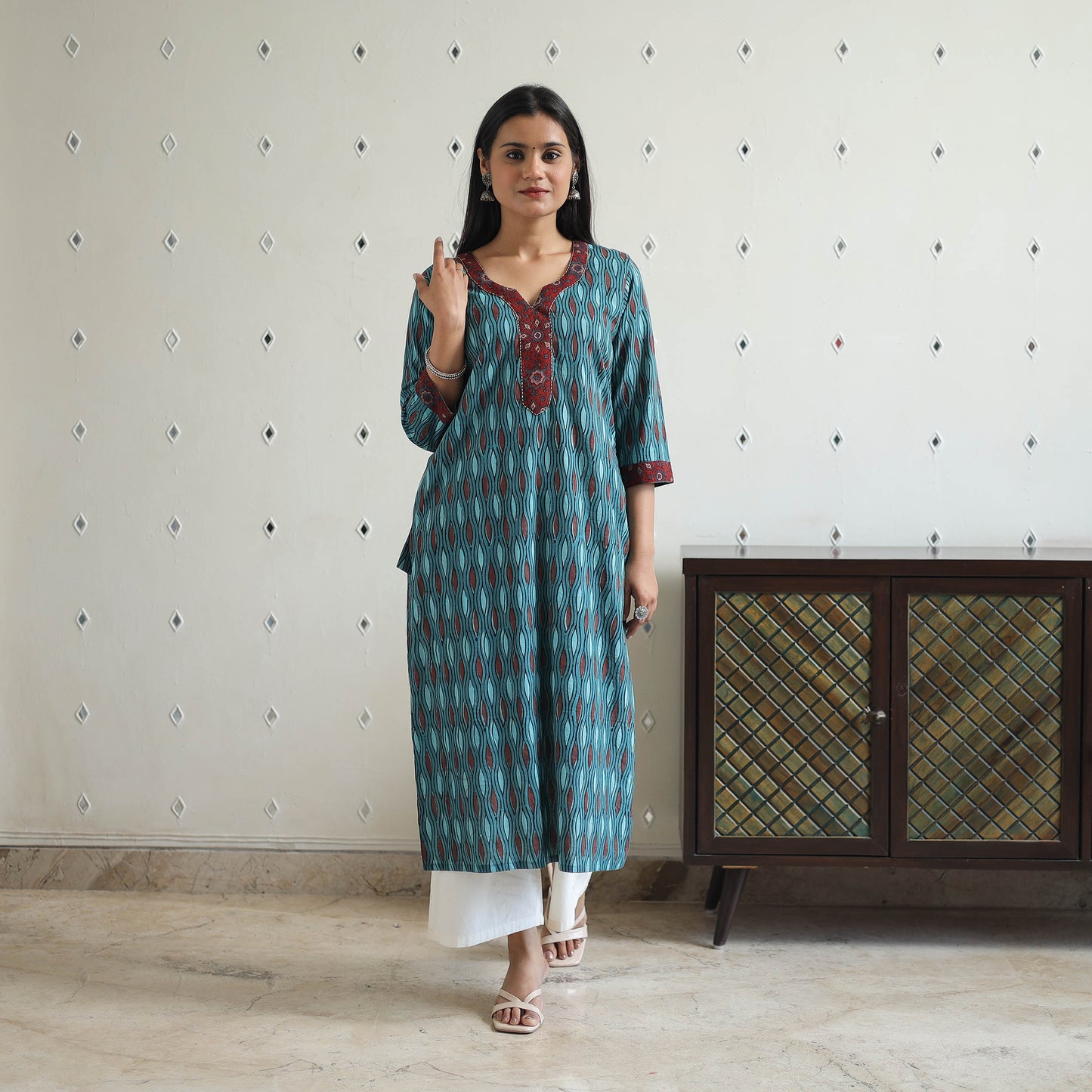 Blue - Jahota Block Print Cotton Straight Kurta 17