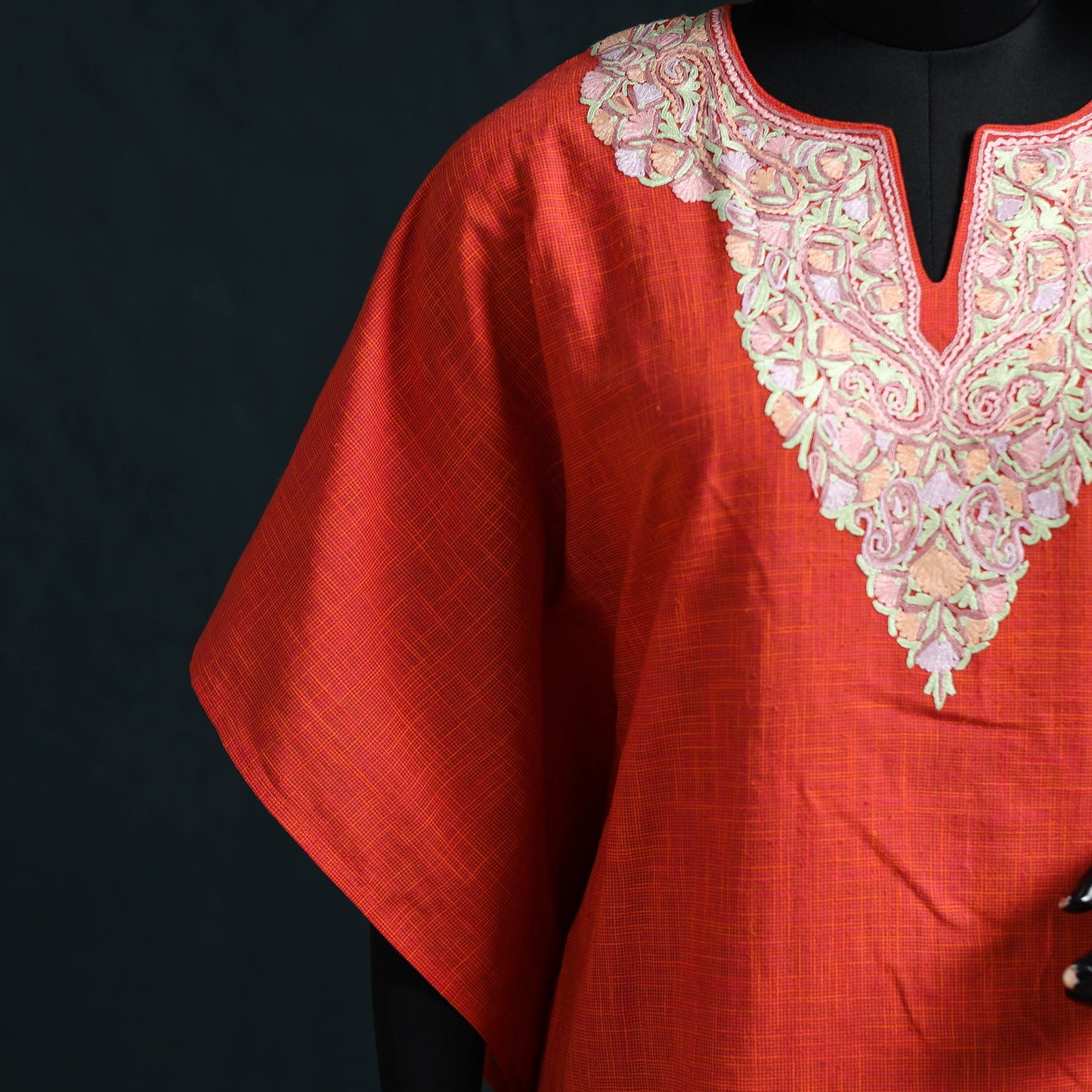 Red - Kashmiri Aari Hand Embroidered Cotton Kaftan (Long) 50