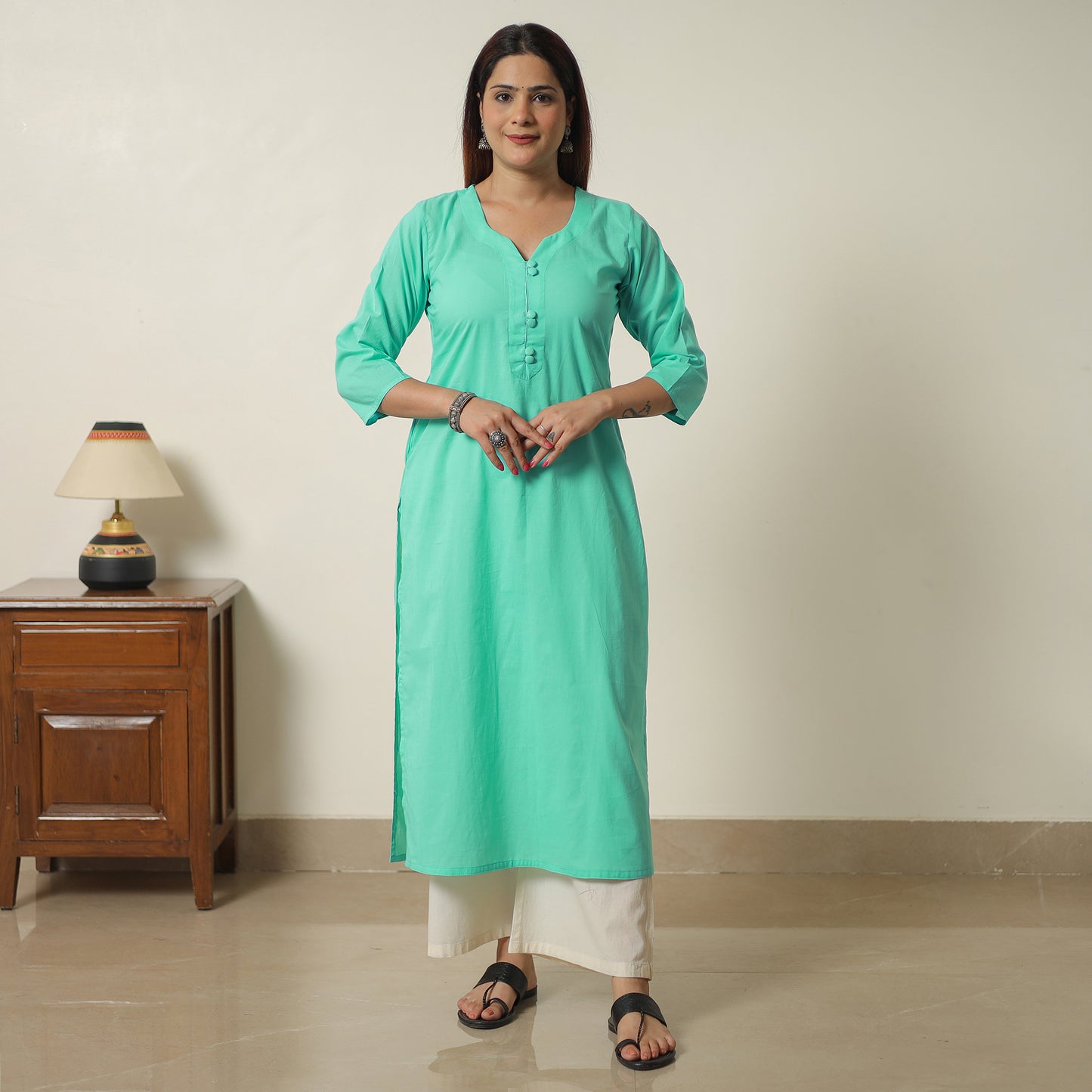 Light Green - Plain Cotton Long Straight Kurta 03