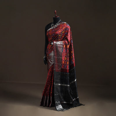 Red - Traditional Pochampally Ikat Handwoven Pure Silk Pattu Saree with Rudraksha Border 08