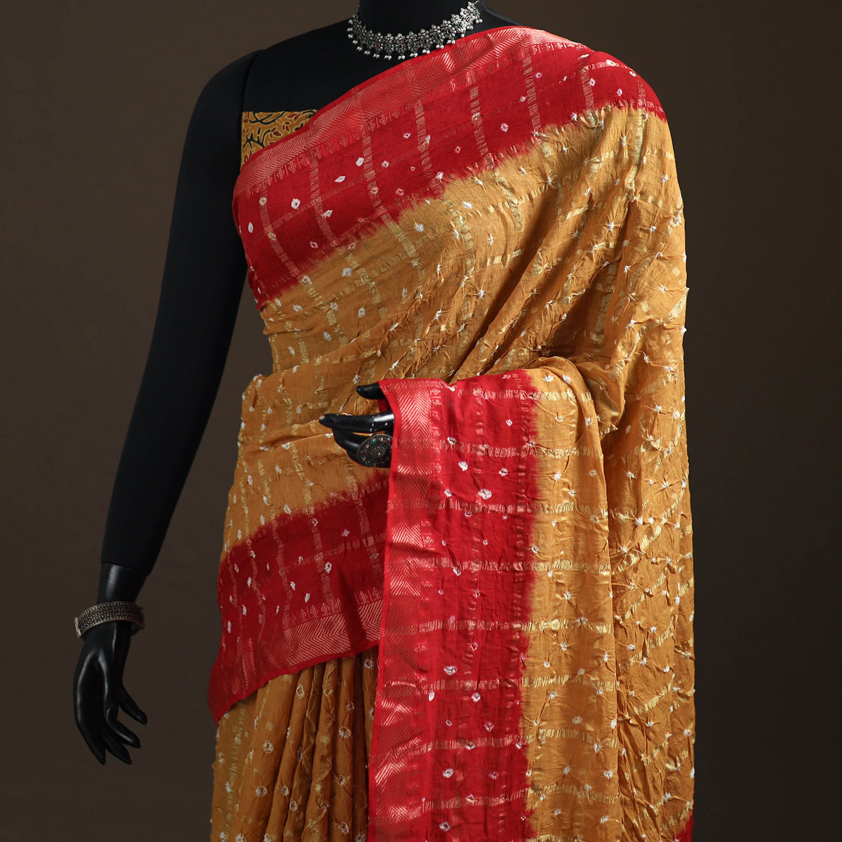 Yellow - Kutch Rai Bandhani Pure Mul Cotton Saree with Blouse Piece 37