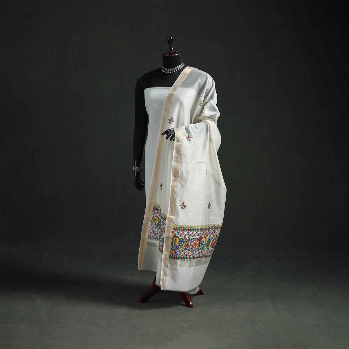 Handloom Chanderi Silk Handpainted Madhubani Dupatta with Zari Border 16