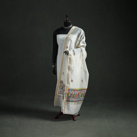 White - Handloom Chanderi Silk Handpainted Madhubani Dupatta with Zari Border 16