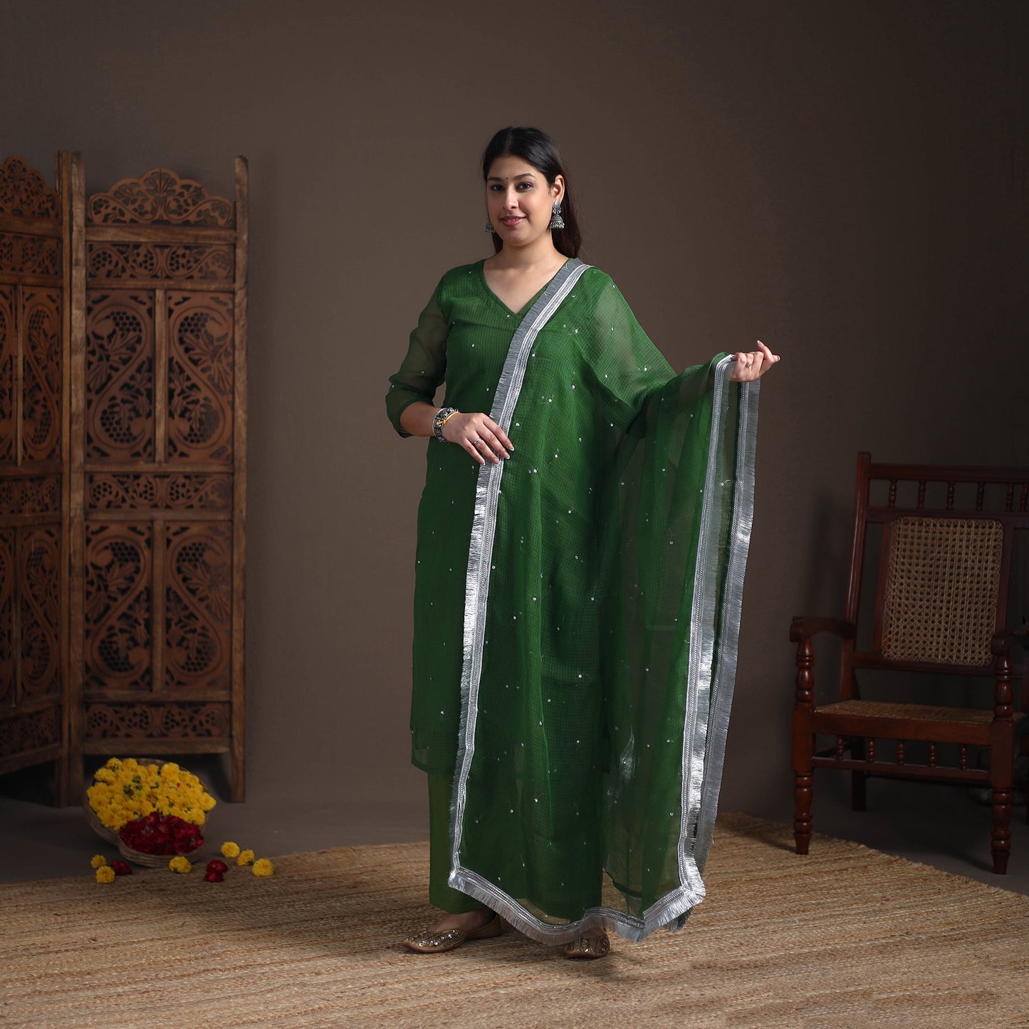 Sequin Work Plain Kota Doria Cotton Suit Set with Lace Work Dupatta for Women 03