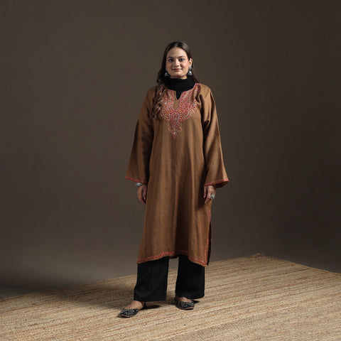 Brown - Kashmiri Sozni Hand Embroidered Handwoven Merino Wool Pheran 02