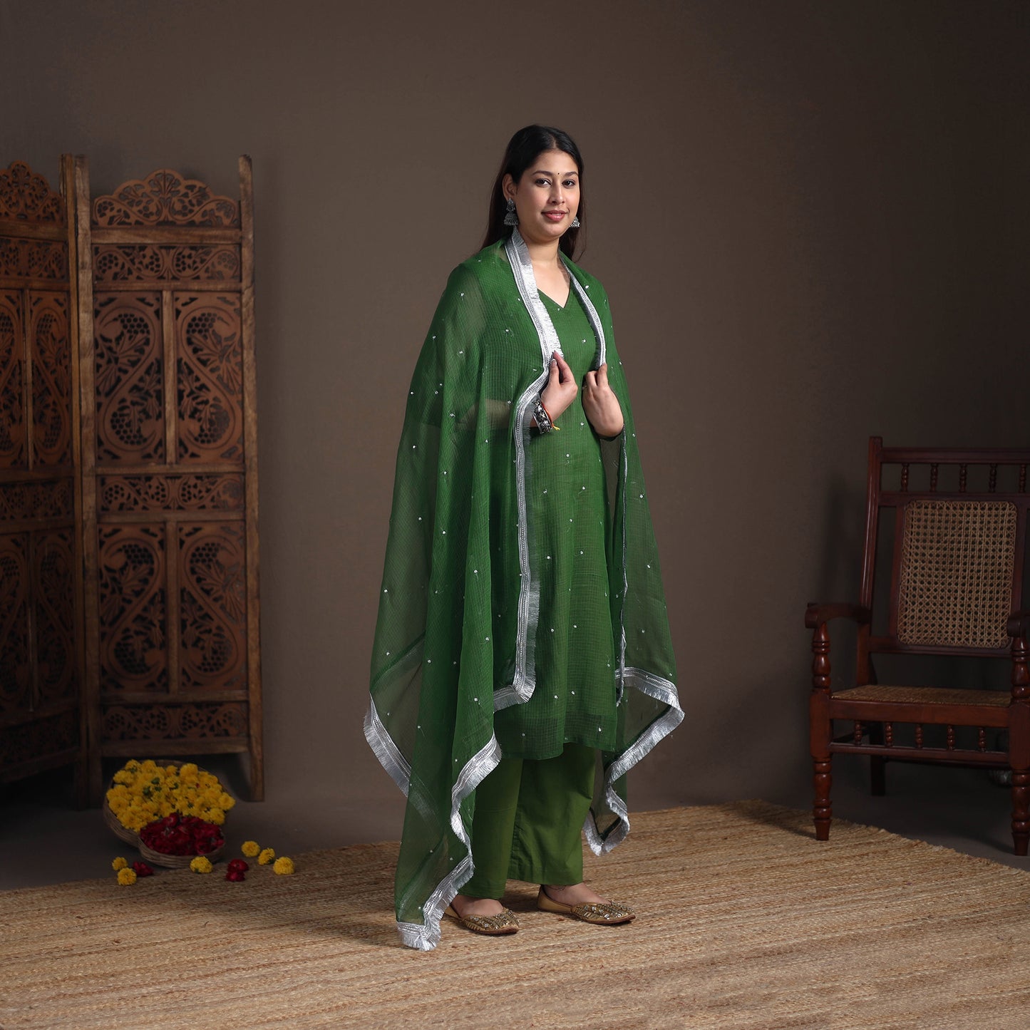 Sequin Work Plain Kota Doria Cotton Suit Set with Lace Work Dupatta for Women 03