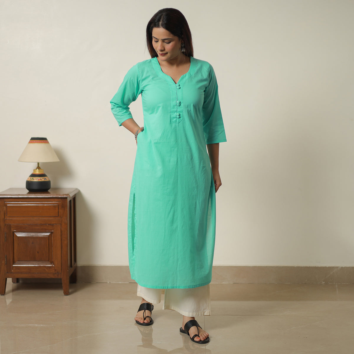 Light Green - Plain Cotton Long Straight Kurta 03