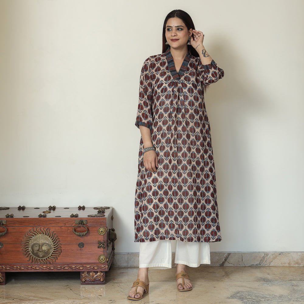 Brown - Ajrakh Block Printed Mul Cotton A-Line Kurta 01