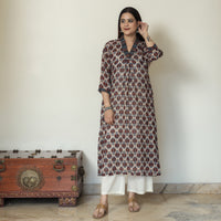 Brown - Ajrakh Block Printed Mul Cotton A-Line Kurta 01