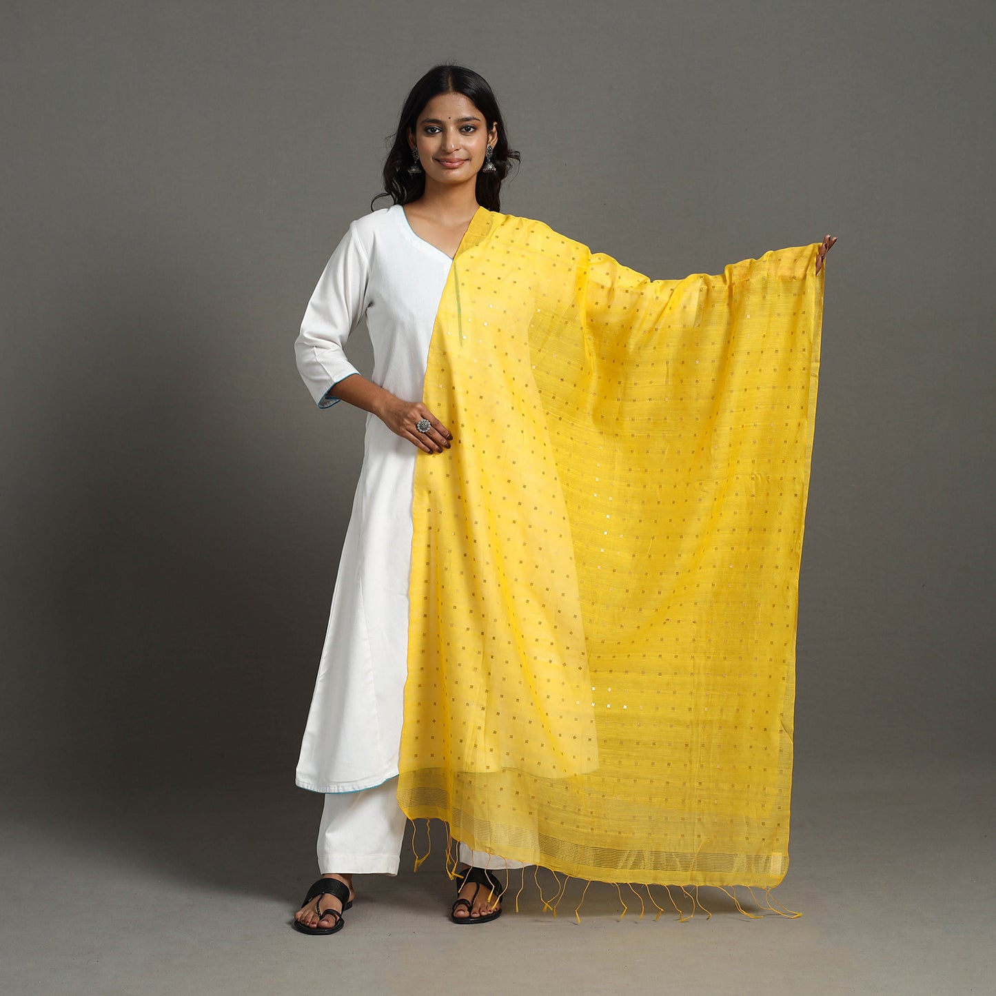 Yellow - Bengal Silk Cotton Sequin Work Handloom Dupatta 20