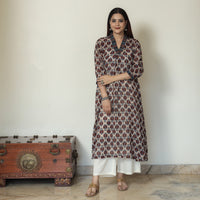 Brown - Ajrakh Block Printed Mul Cotton A-Line Kurta 01