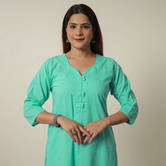 Light Green - Plain Cotton Long Straight Kurta 03