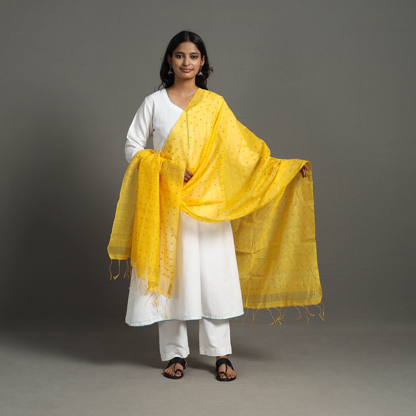 Yellow - Bengal Silk Cotton Sequin Work Handloom Dupatta 20