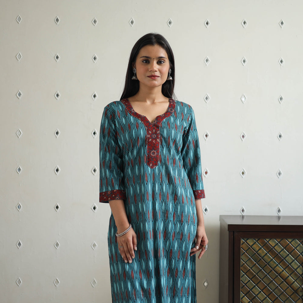 Blue - Jahota Block Print Cotton Straight Kurta 17