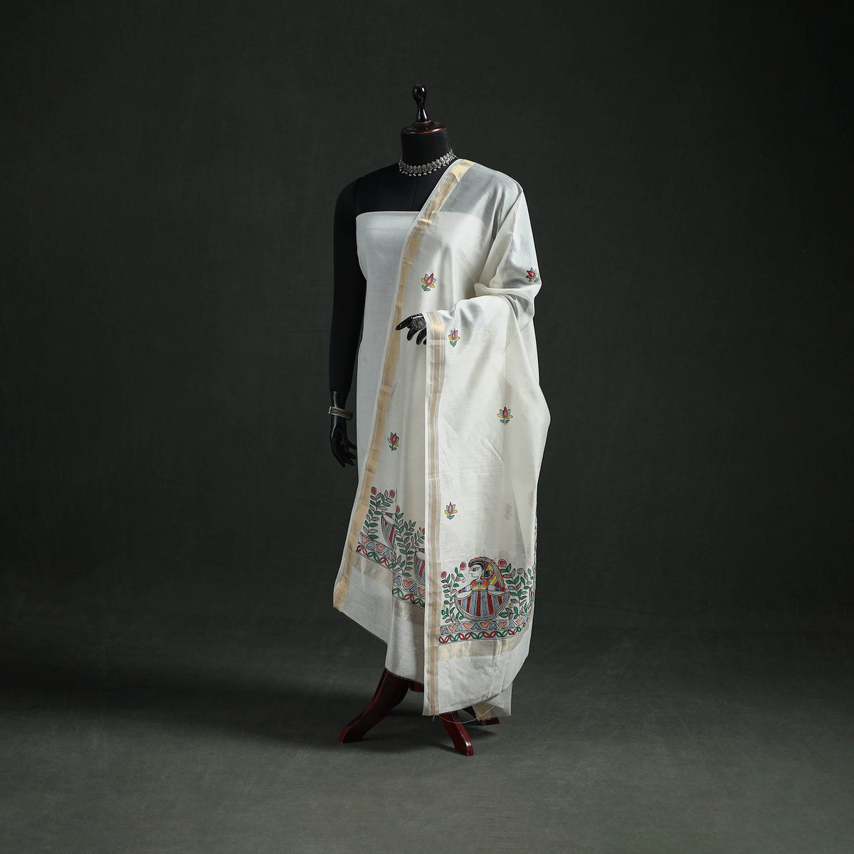Handloom Chanderi Silk Handpainted Madhubani Dupatta with Zari Border 17
