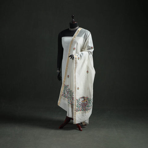 White - Handloom Chanderi Silk Handpainted Madhubani Dupatta with Zari Border 17
