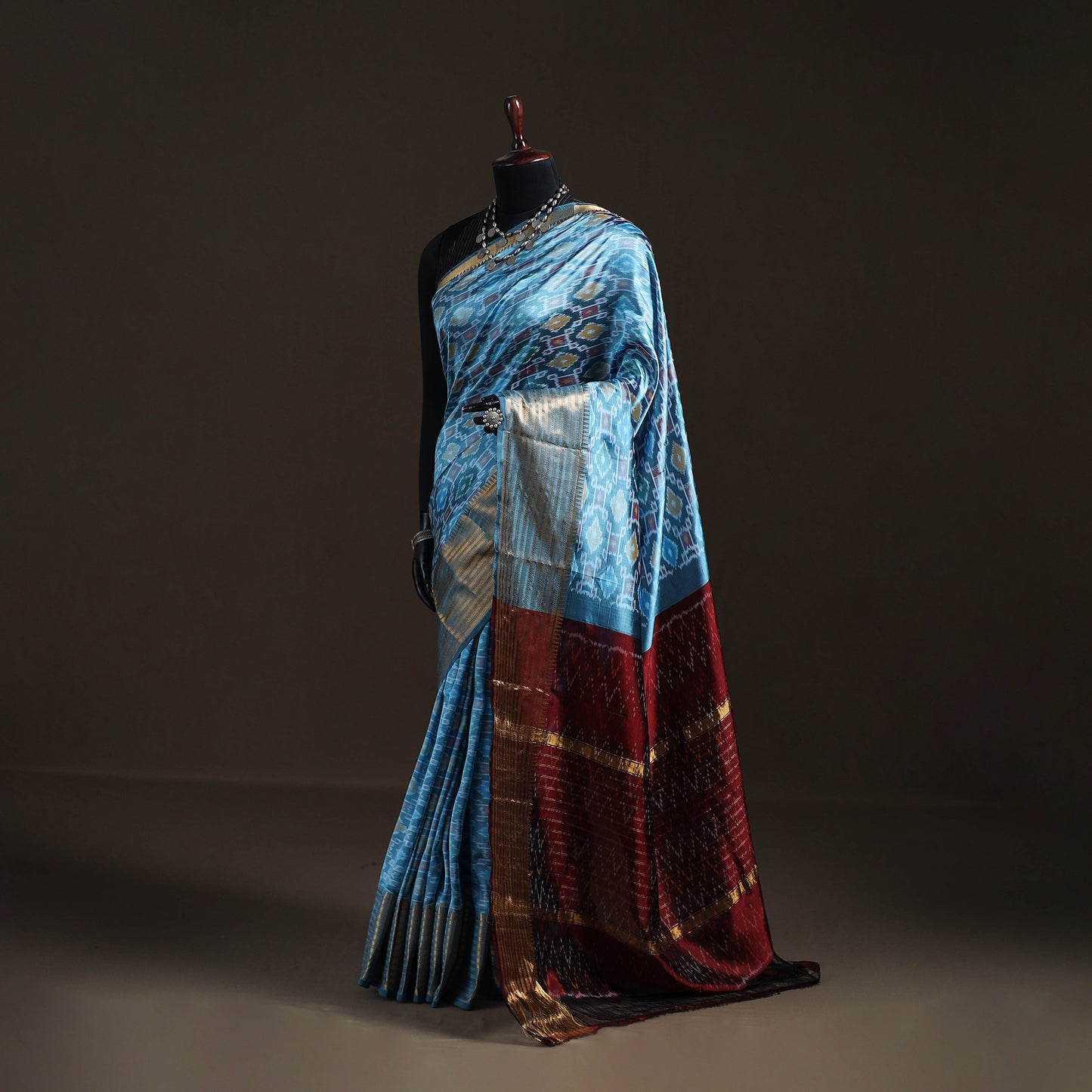 Blue - Traditional Pochampally Ikat Handwoven Pure Silk Pattu Saree with Rudraksha Border 09