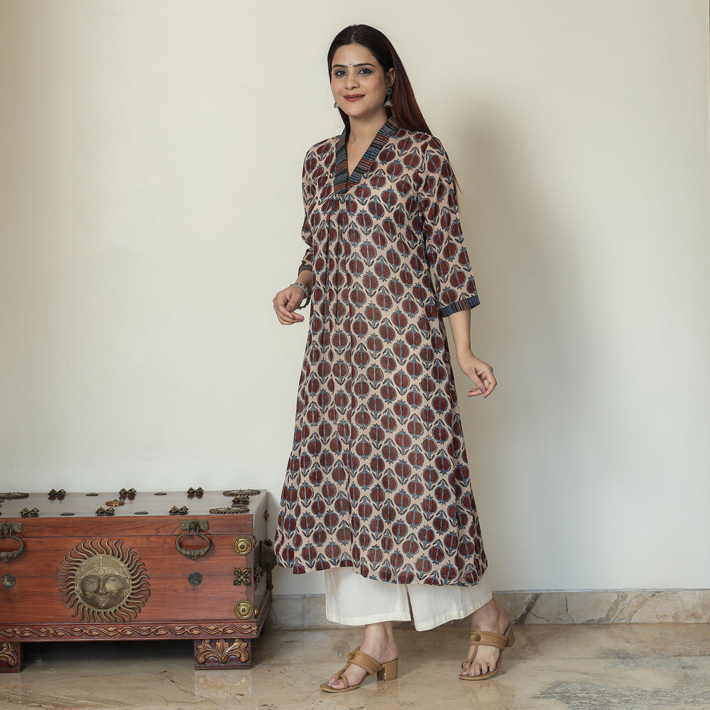 Brown - Ajrakh Block Printed Mul Cotton A-Line Kurta 01