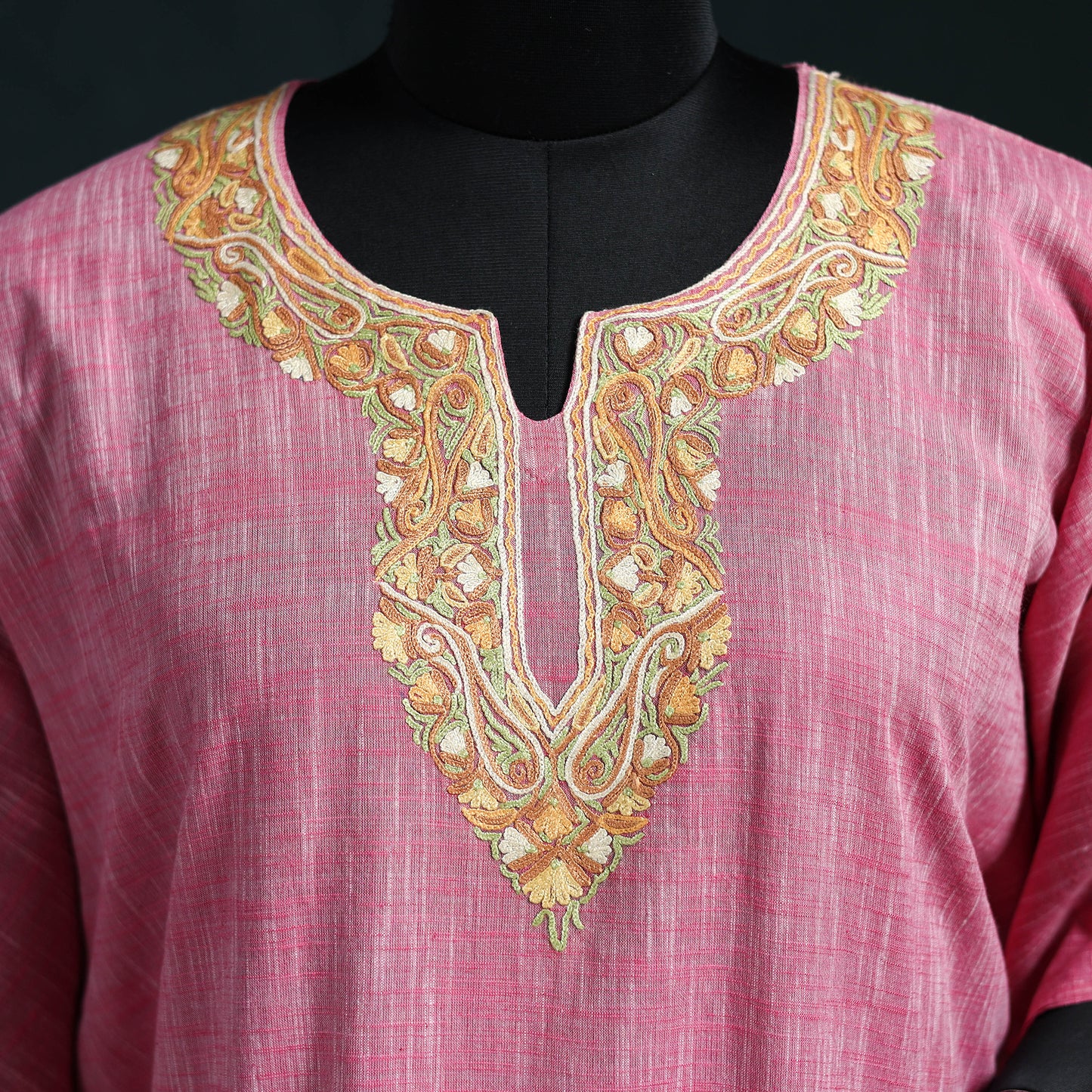 Pink - Kashmiri Aari Hand Embroidered Cotton Kaftan (Long) 51