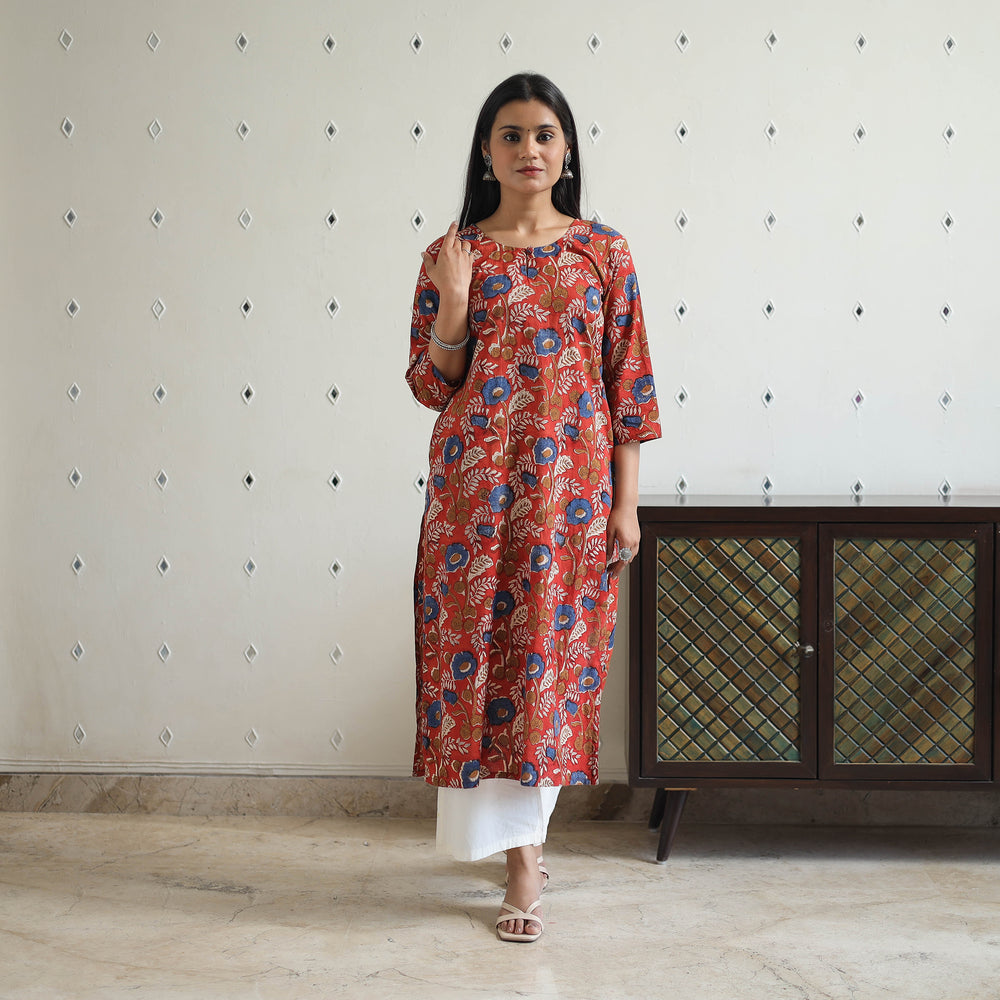 Red - Hand Block Printed Cotton Straight Bagru Kurta 04