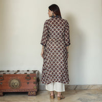 Brown - Ajrakh Block Printed Mul Cotton A-Line Kurta 01