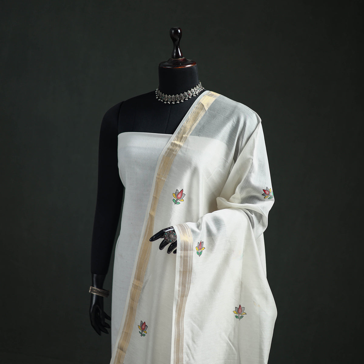 Handloom Chanderi Silk Handpainted Madhubani Dupatta with Zari Border 17
