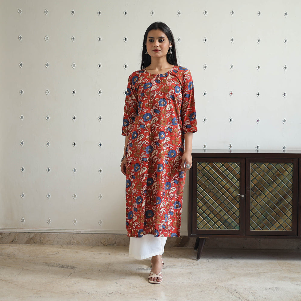 Red - Hand Block Printed Cotton Straight Bagru Kurta 04