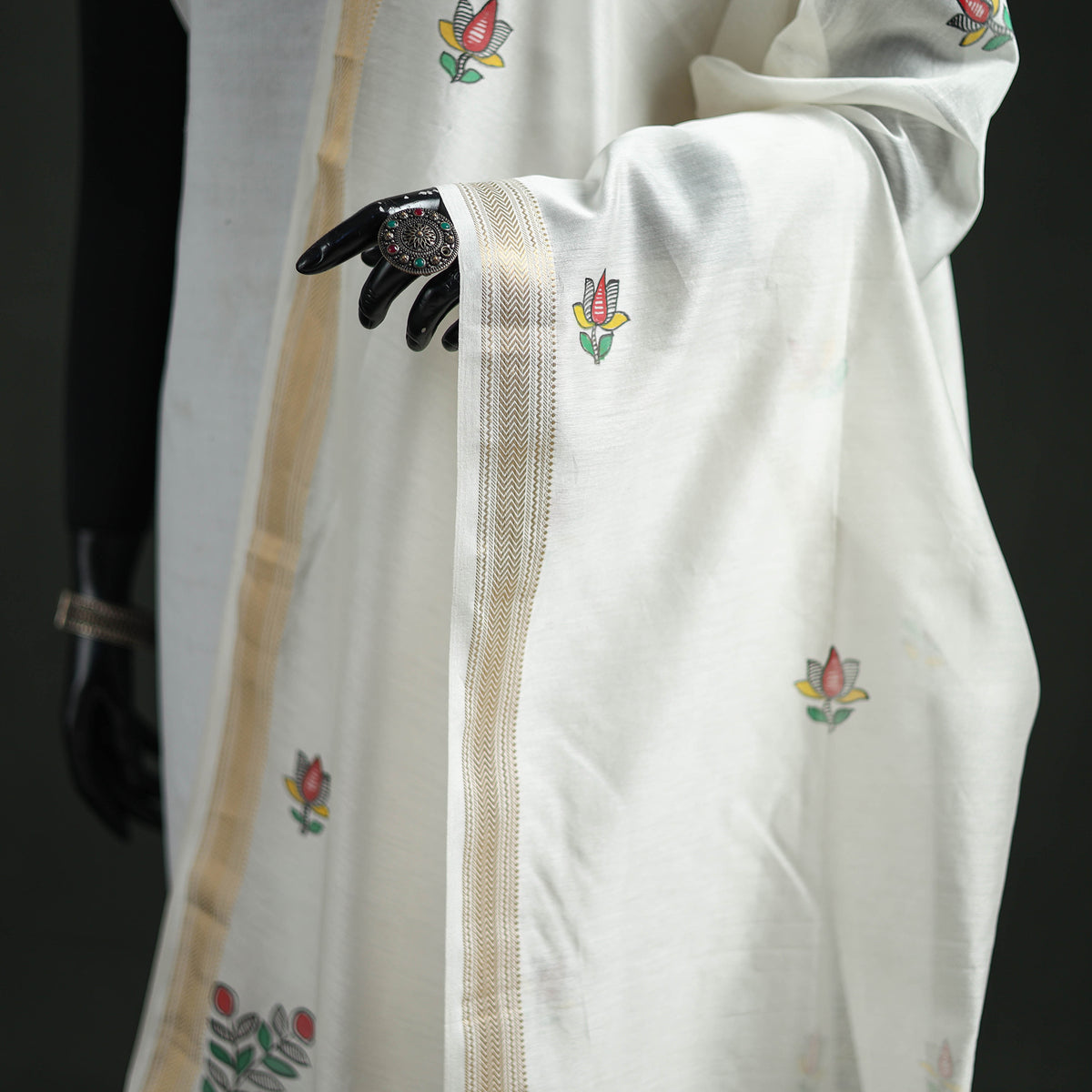 Handloom Chanderi Silk Handpainted Madhubani Dupatta with Zari Border 17