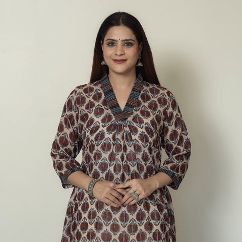 Brown - Ajrakh Block Printed Mul Cotton A-Line Kurta 01