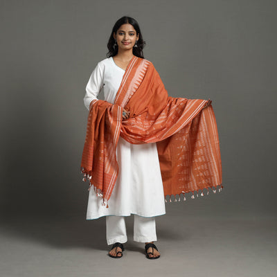 Dark Peach - Handloom Cotton Maniabandha Ikat Dupatta 21