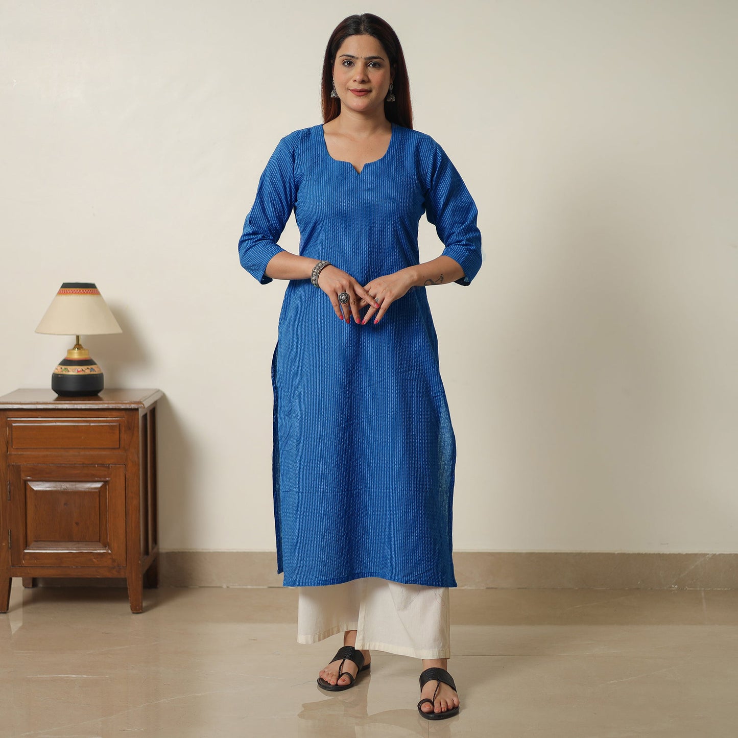 Dark Blue - Running Stitch Cotton Long Straight Kurta 15