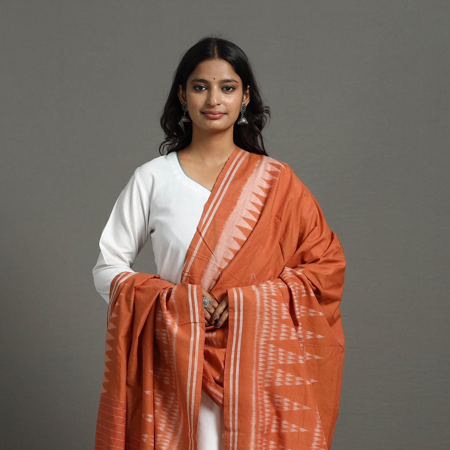 Dark Peach - Handloom Cotton Maniabandha Ikat Dupatta 21