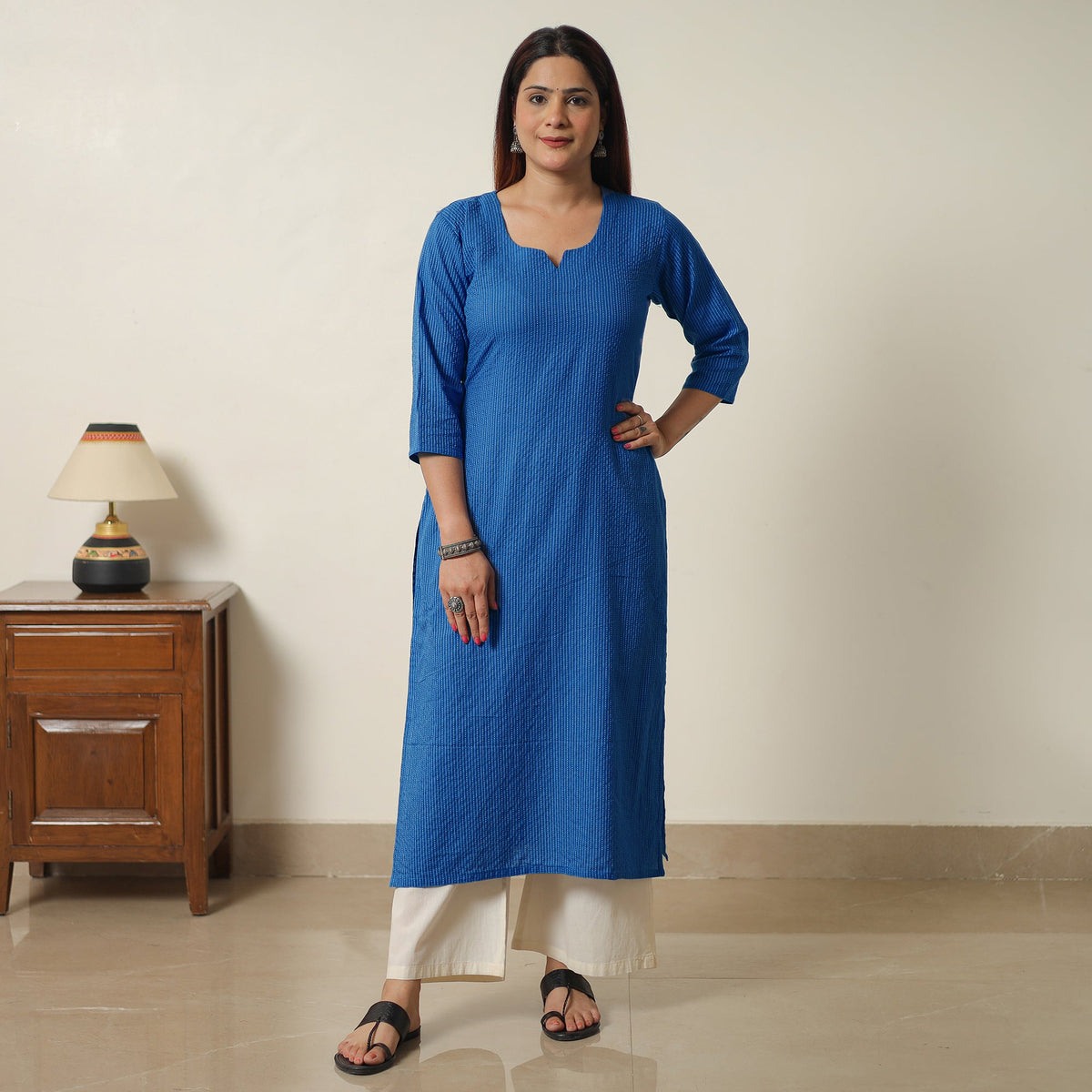 Dark Blue - Running Stitch Cotton Long Straight Kurta 15