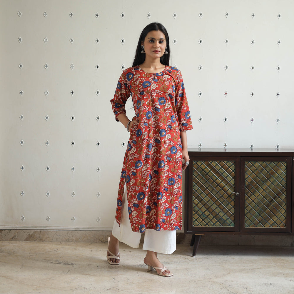 Red - Hand Block Printed Cotton Straight Bagru Kurta 04