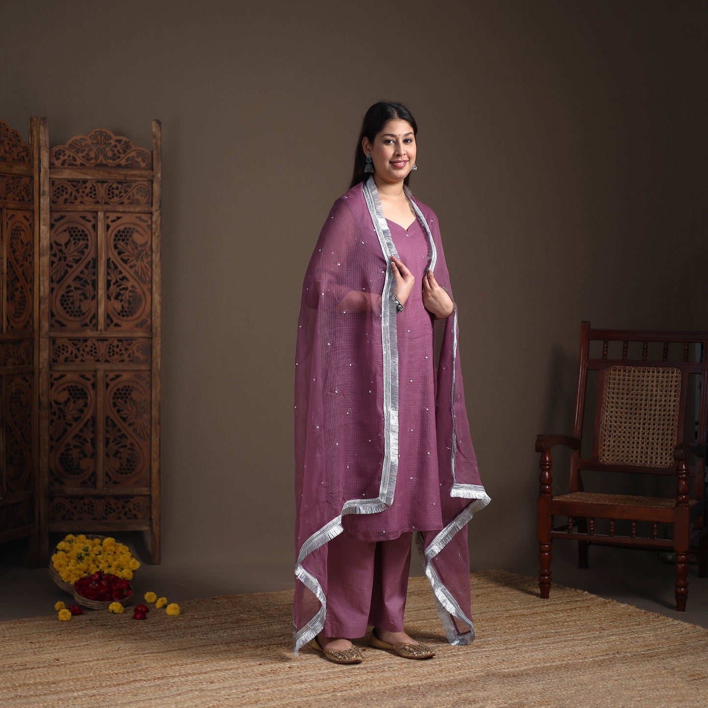 Sequin Work Plain Kota Doria Cotton Suit Set with Lace Work Dupatta for Women 07