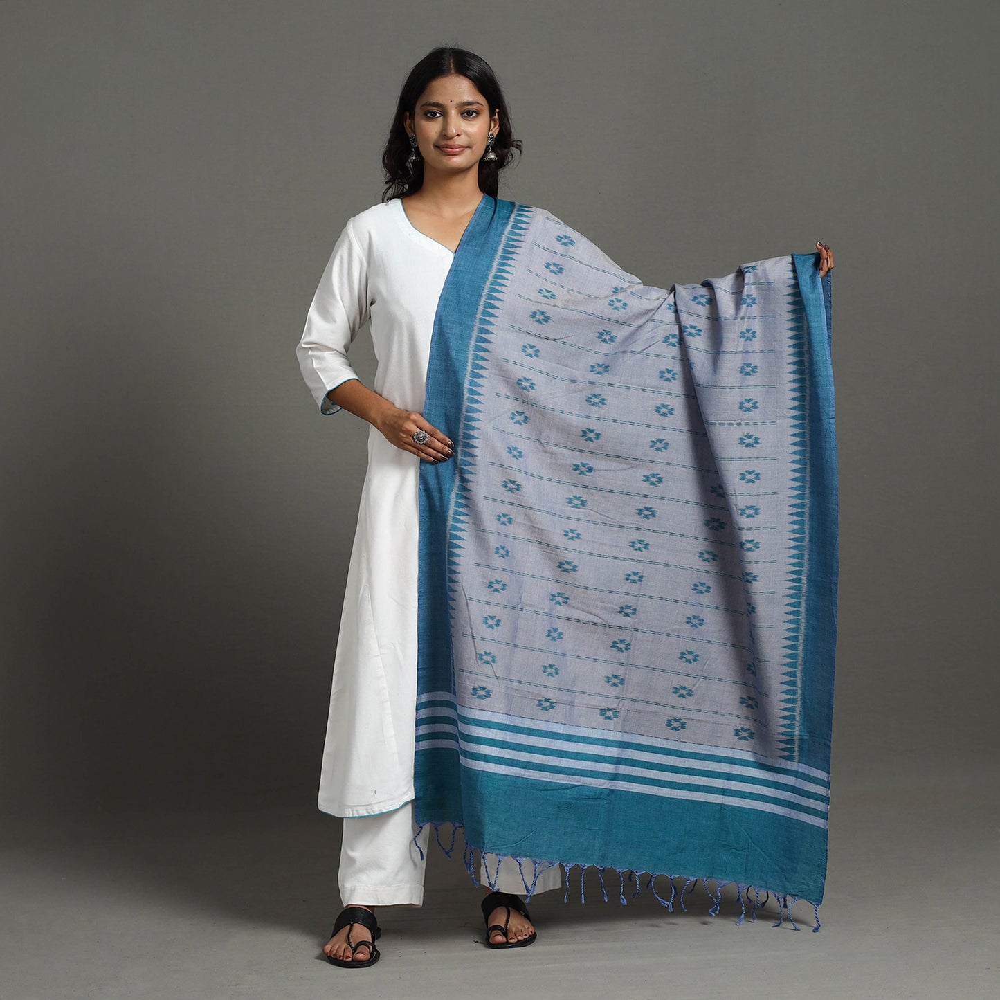 Grey - Handloom Cotton Maniabandha Ikat Dupatta 22