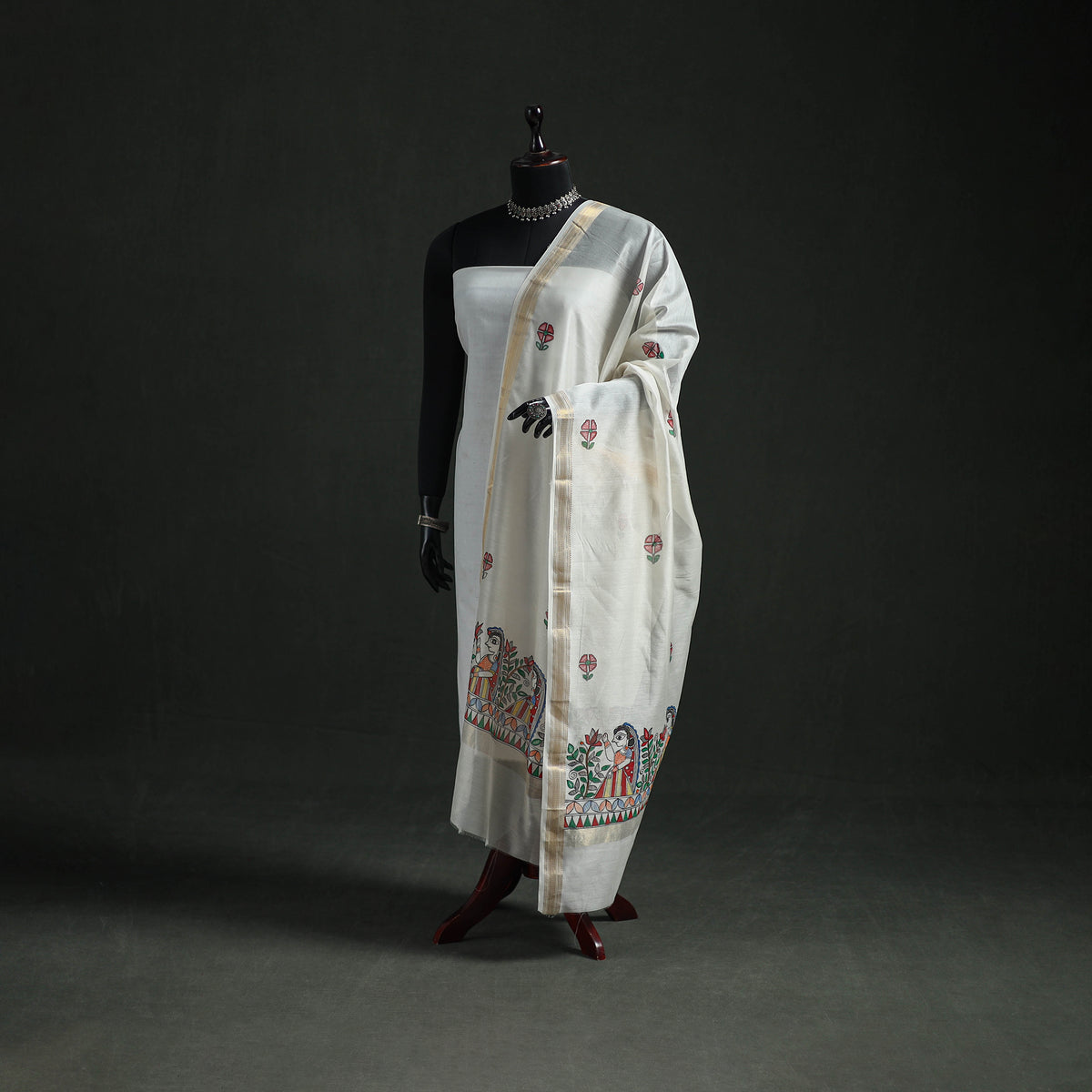 Handloom Chanderi Silk Handpainted Madhubani Dupatta with Zari Border 18
