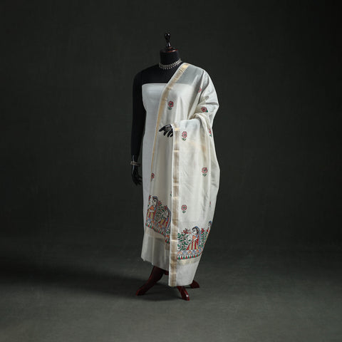 White - Handloom Chanderi Silk Handpainted Madhubani Dupatta with Zari Border 18