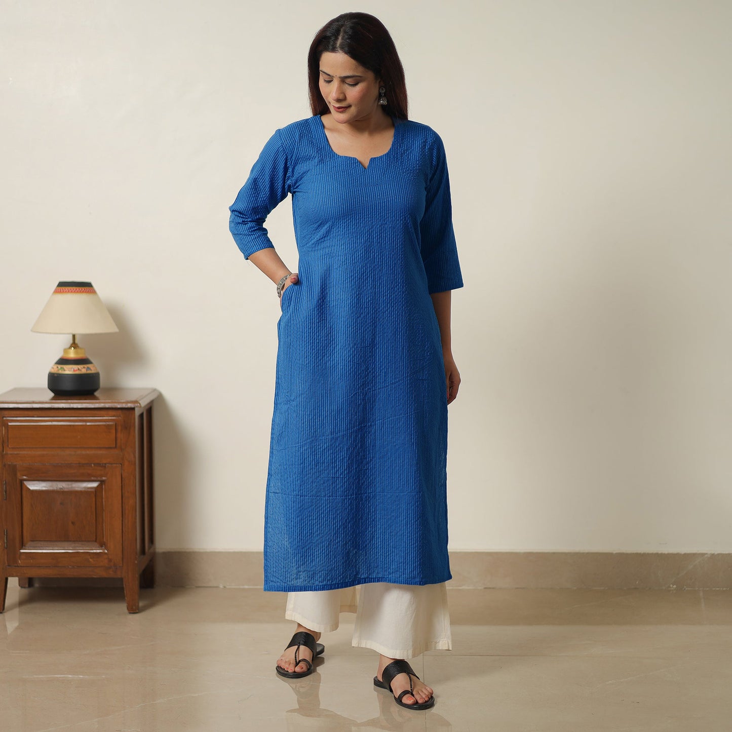 Dark Blue - Running Stitch Cotton Long Straight Kurta 15