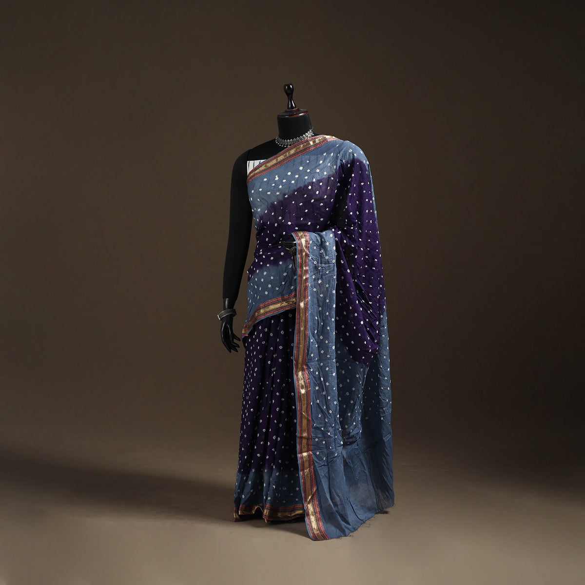Blue - Kutch Rai Bandhani Pure Mul Cotton Saree with Blouse Piece 35
