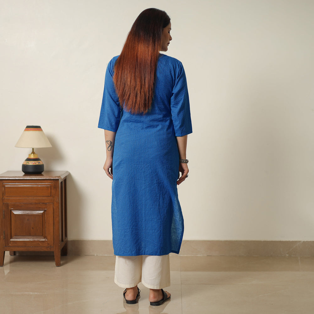 Dark Blue - Running Stitch Cotton Long Straight Kurta 15