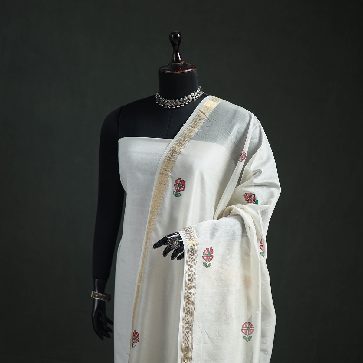 Handloom Chanderi Silk Handpainted Madhubani Dupatta with Zari Border 18