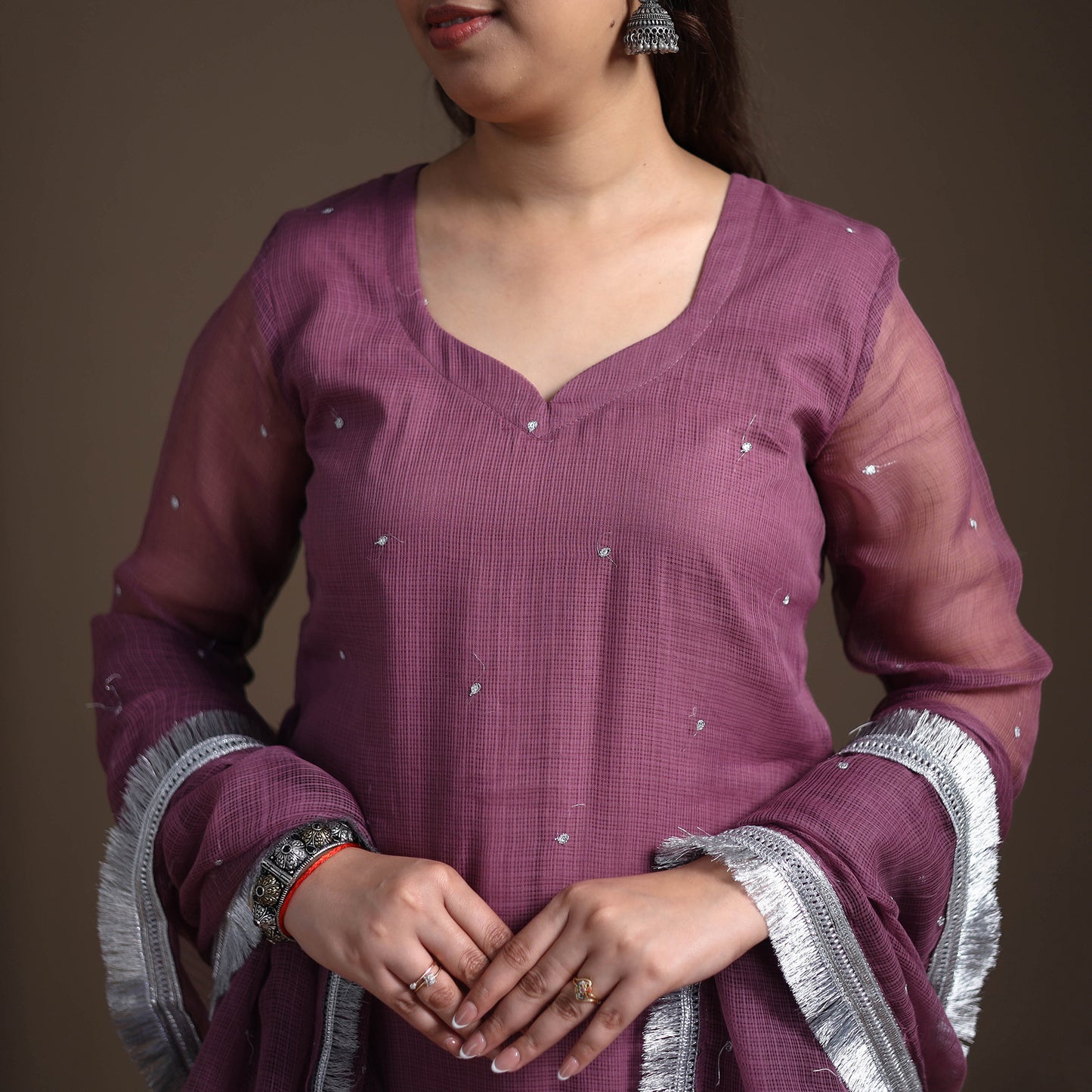 Sequin Work Plain Kota Doria Cotton Suit Set with Lace Work Dupatta for Women 07