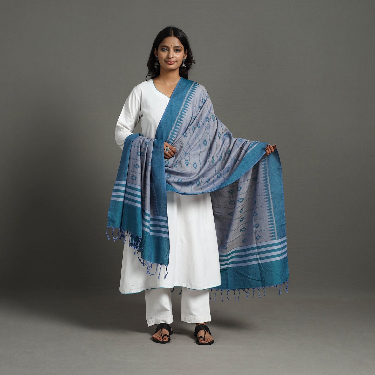 Grey - Handloom Cotton Maniabandha Ikat Dupatta 22