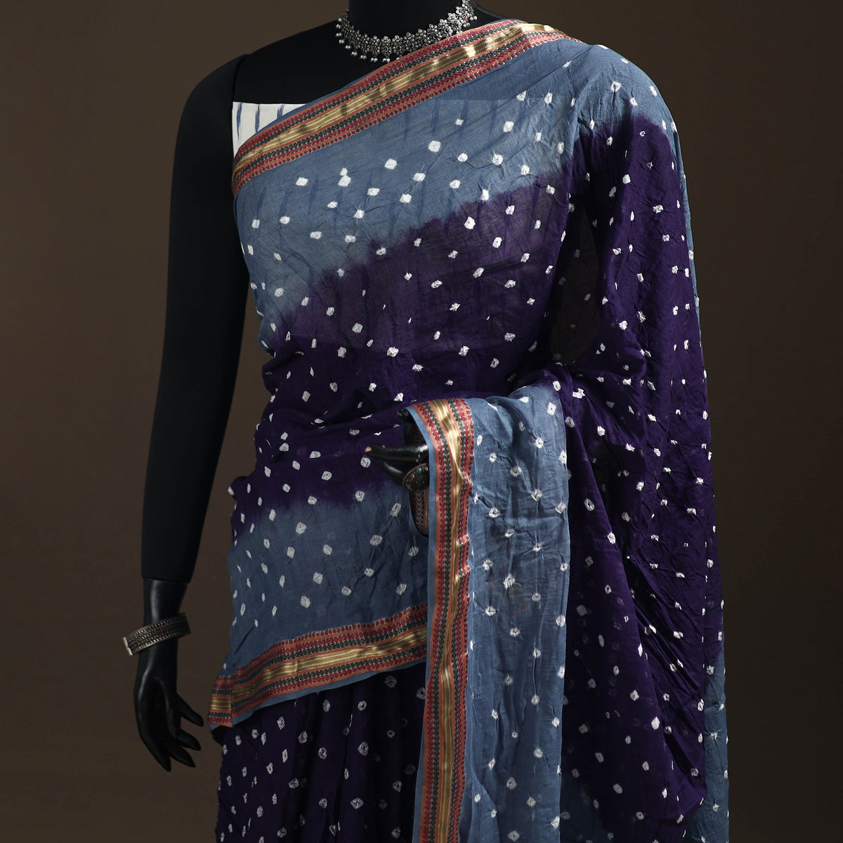 Blue - Kutch Rai Bandhani Pure Mul Cotton Saree with Blouse Piece 35