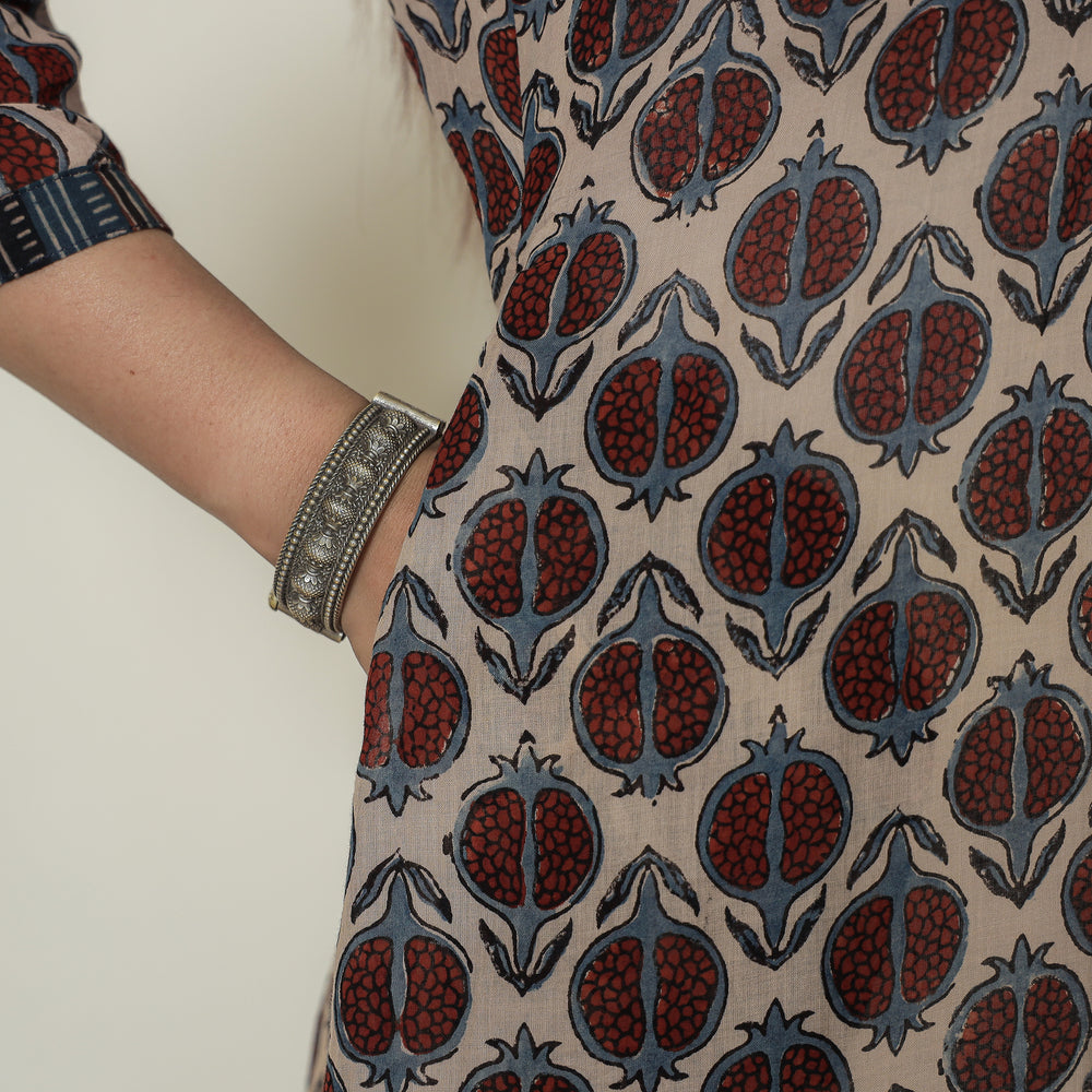 Brown - Ajrakh Block Printed Mul Cotton A-Line Kurta 01